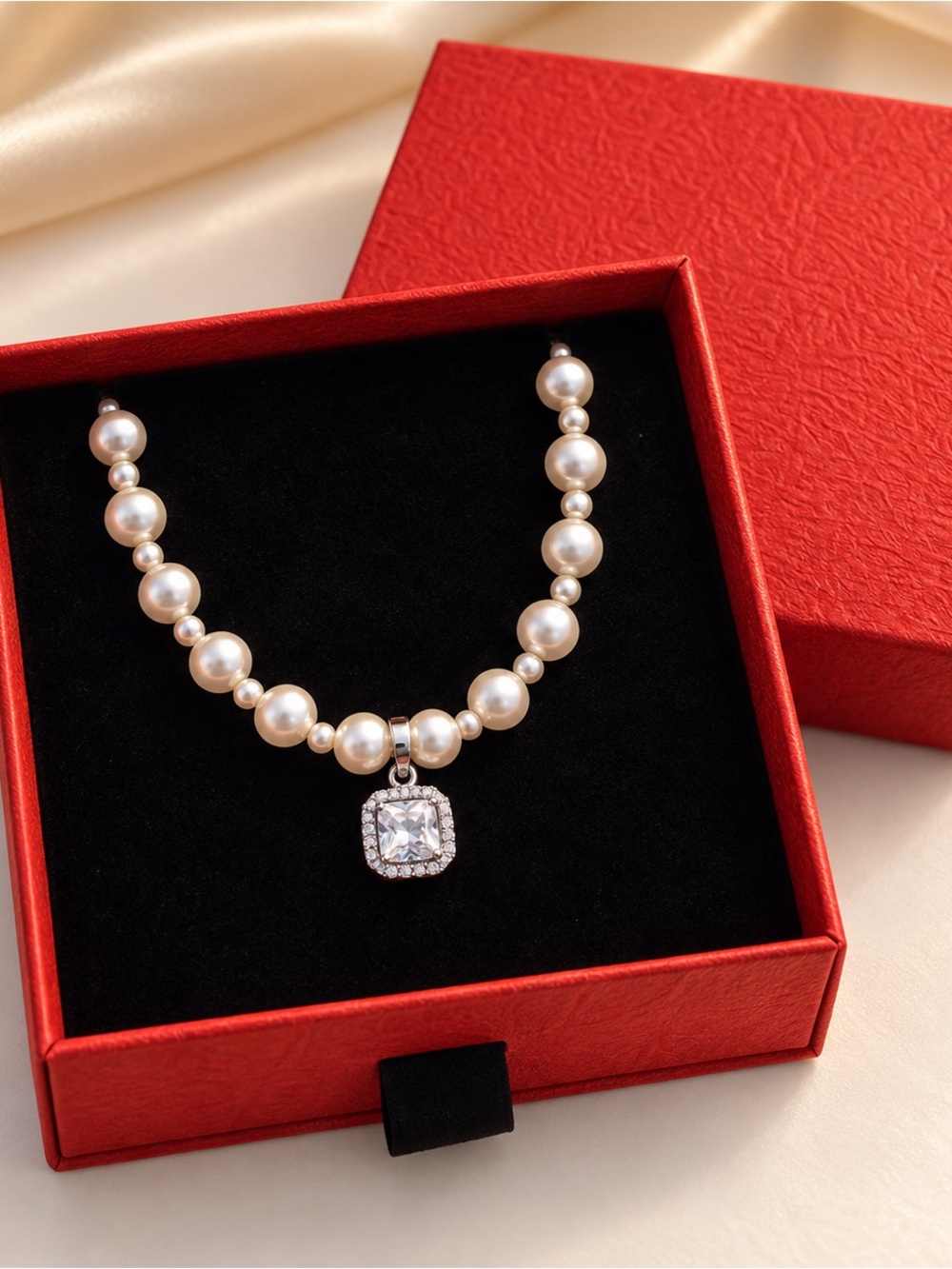 Classic Pearl Necklace with Crystal Pendant - White